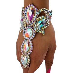 Finger Hand Wrist Bracelet Silver AB Iridescent Crystal Jewelry Set of 2 Costume